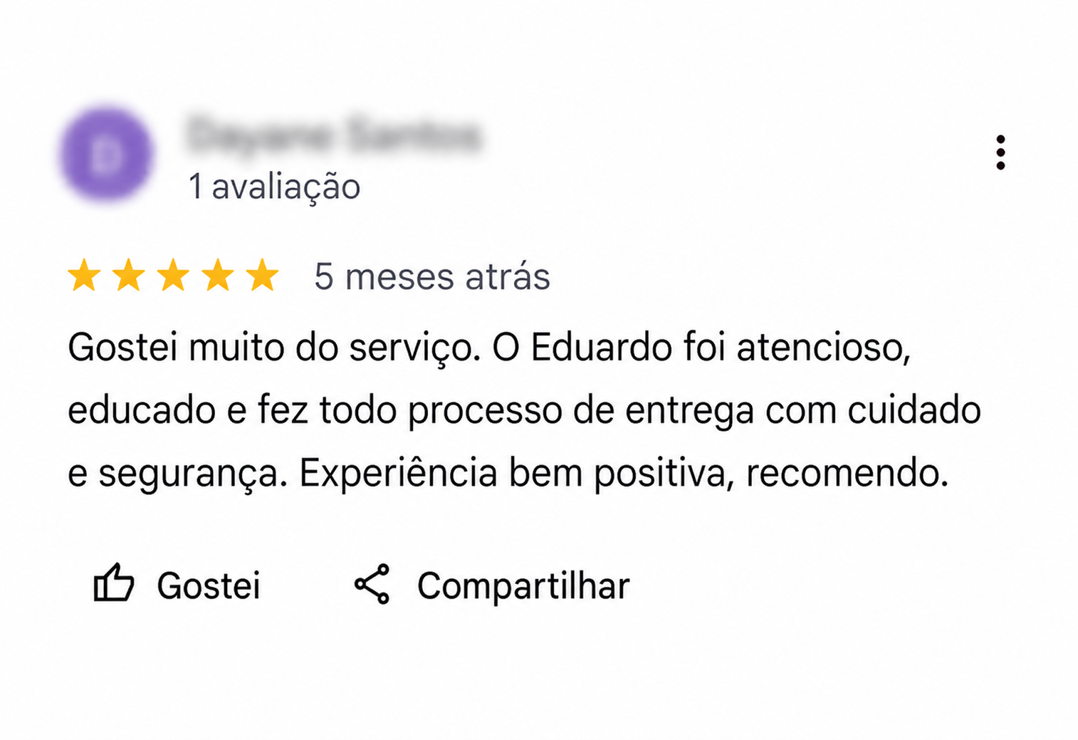 Avaliação 5 estrelas no Google Maps sobre a Blessed Express