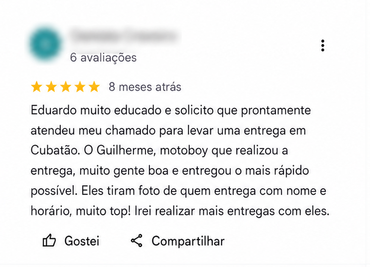 Avaliação positiva de cliente da Blessed Express no Google